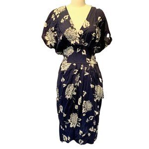 Vintage Navy Floral Faux Wrap Midi Dress SZ M